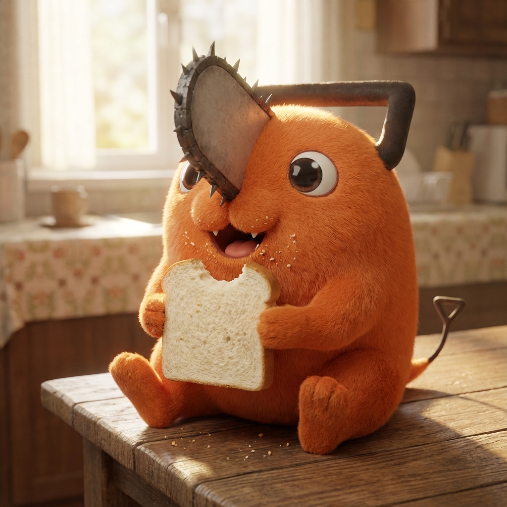 Pochita eating bread